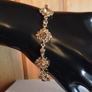 Monet Gold Tone Amber Rhinestone Floral Links Bracelet